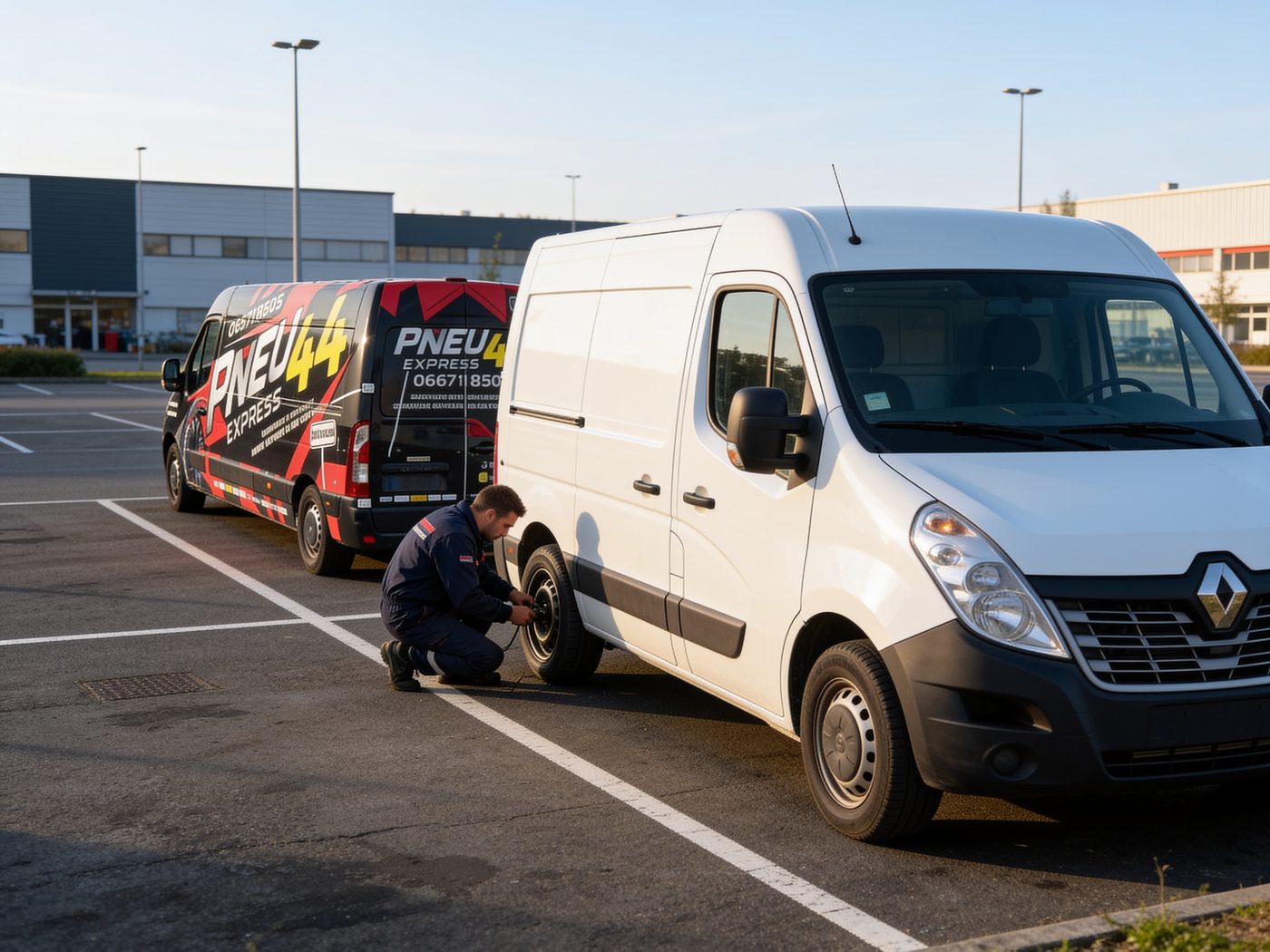 Changement de pneu sur un utilitaire d’entreprise, sur le parking d’une société de Saint-Nazaire.